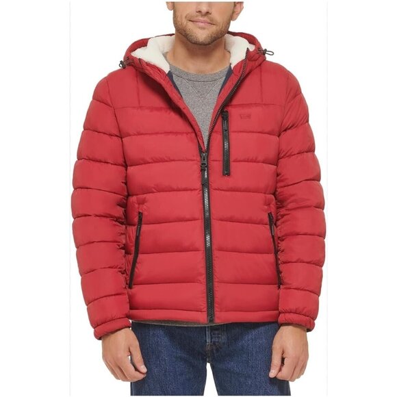 Levi's Men's Hooded Sherpa Puffer Quilted Lined Red Jacket Size Small LM2RN076 - Picture 1 of 12